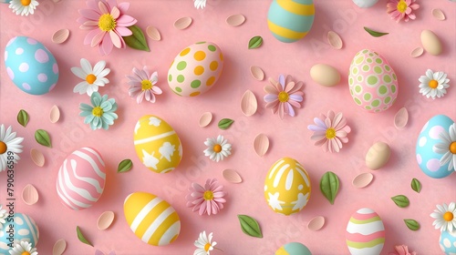 Clay Easter Eggs Spring Flowers Background Seamless Pattern