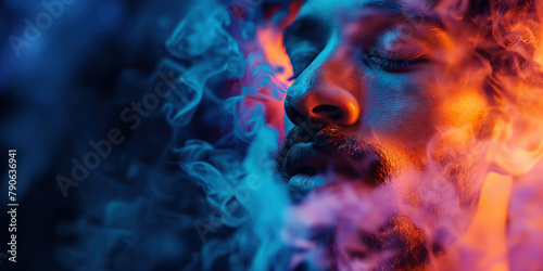 black man vaper smoker exhaling vaping vapor with neon light close-up