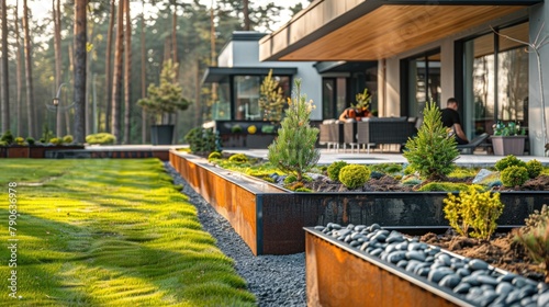 Landscape gardening with meticulous metal edging, green lawn, and workers in background setting up 