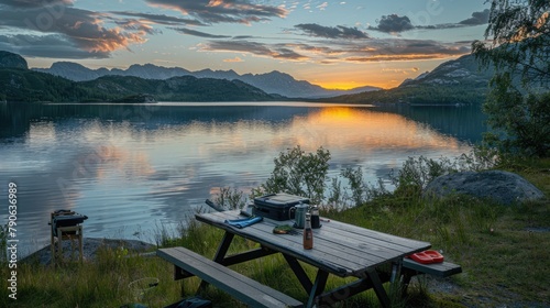 A tranquil camping scene by a serene lake at sunset, with a tent, picnic table set for dinner, and a captivating mountain view.
