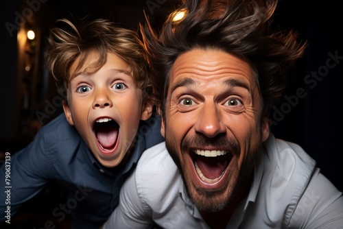 Happy little boy and his father playing video game at home. Excited dad and son having fun, laughing cheerfully photo