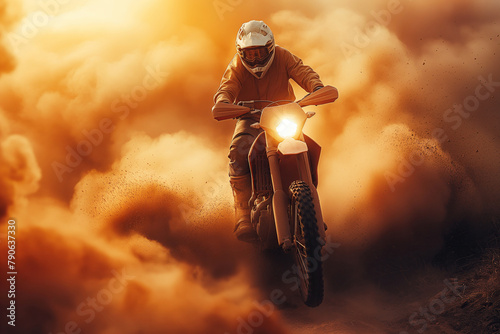 male motorcyclists on a sport enduro motorcycle races on dusty desert at sunset