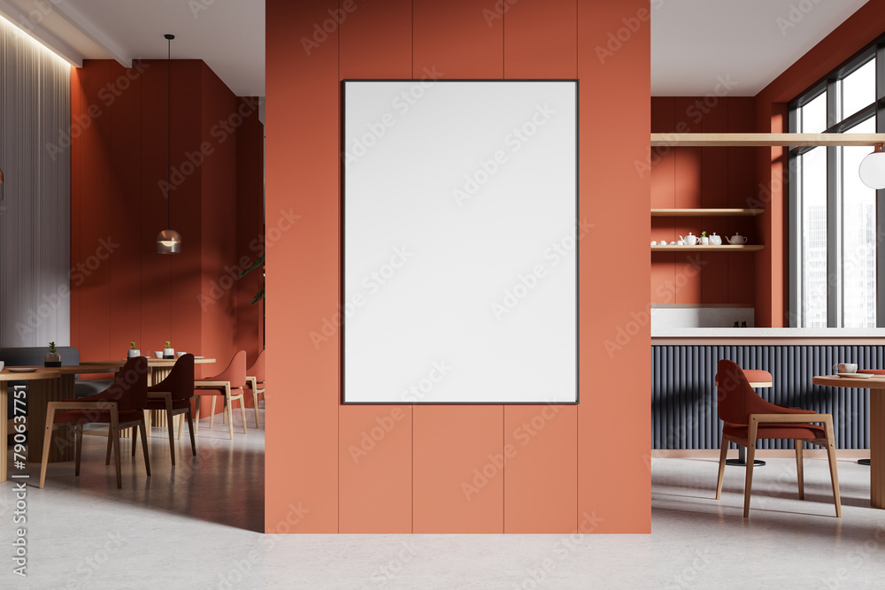 Modern cafe interior with tables, chairs and a large blank poster on an orange wall, under natural light, concept of advertising space. 3D Rendering - obrazy, fototapety, plakaty 