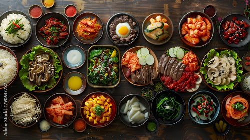 Assortment of Korean traditional dishes, Asian food, Top view, flat lay, panorama, hyperrealistic food photography
