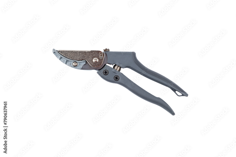 Steel gardening secateurs, scissors tool with gray grip for pruning of fruits, garden work, isolated on white background. Close state. Top view. Steel gardening secateurs, scissors tool with gray grip for pruning of fruits, garden work, isolated on white background. Close state. Top view.