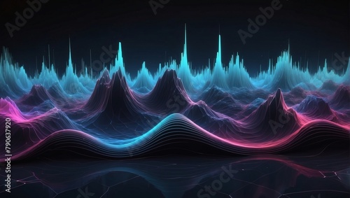 Futuristic abstract background with D sound waves visualization in a digital landscape.