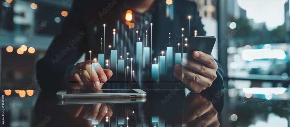 Businessman using smartp hone show Stock chart with graph indicator. a growing virtual hologram stock. - obrazy, fototapety, plakaty 