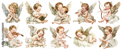 Collection of angels. vintage watercolor illustration, cute cherubs, soft brush strokes creating a sense of wonder and enchantment, isolated on transparent background.