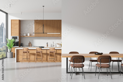 Modern kitchen interior with dining area on a cityscape background, showcasing wooden furniture and minimalist design, concept of urban home. 3D Rendering