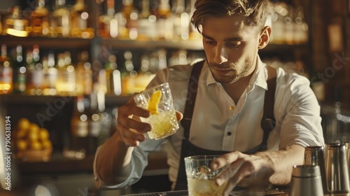 alcohol drinks, people and luxury concept - bartender with glass and lemon peel preparing cocktail at bar photo