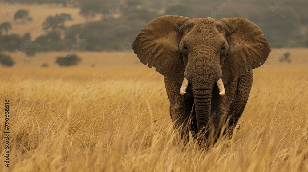 Fototapeta premium One elephant stands alone, a leader among the wilderness, epitomizing the strength found in embracing one's unique identity.