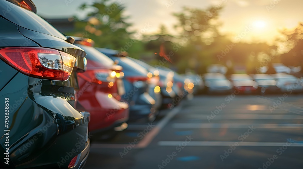 Obraz premium Sunset hues glimmer on a lineup of parked cars signaling day s end