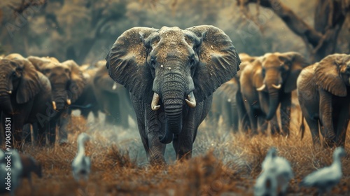 The king of the forest, an elephant, illustrates the power of uniqueness among a conforming crowd of animals, wild and free. photo