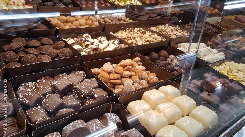 Obraz premium Assortment of handmade chocolate candies from black, milk and white chocolate with nuts and marzipan in San Miguel Market Madrid 