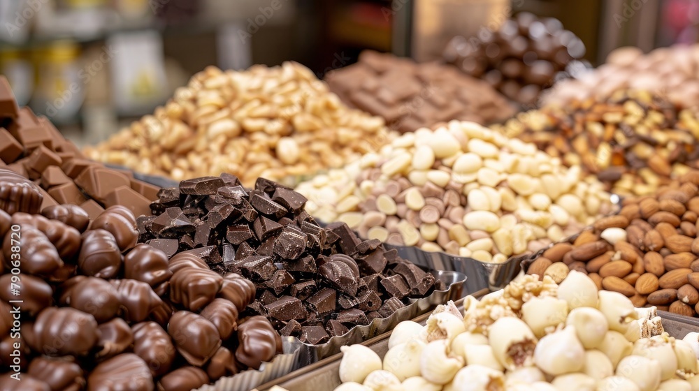 Obraz premium Assortment of handmade chocolate candies from black, milk and white chocolate with nuts and marzipan in San Miguel Market Madrid 