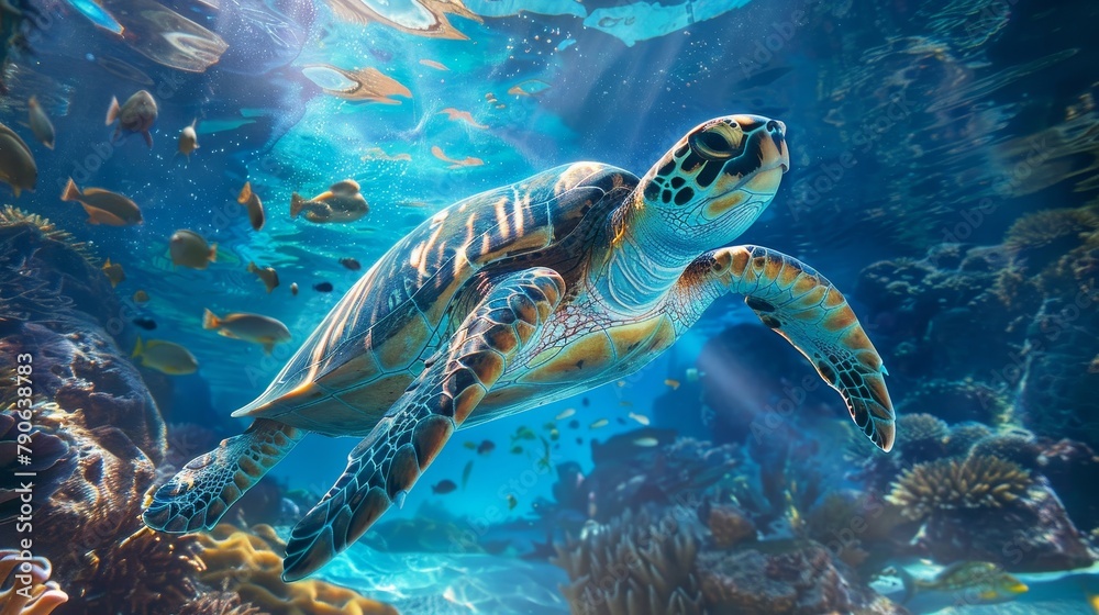 A single turtle distinguished by its delightful charm leads a group, underwater, in a radiant, sunny blue world highlighting uniqueness A single turtle distinguished by its delightful charm leads a group, underwater, in a radiant, sunny blue world highlighting uniqueness