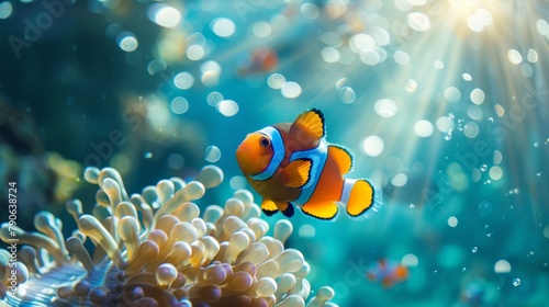 A vibrant scene of a uniquely patterned Nemo fish leading a school through shimmering blue waters, sunbeams filtering down, embodying leadership in the underwater world © Paul