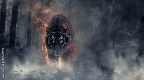 A solitary tiger lion with a fiery mane leads a pack through an ethereal foggy forest, eyes glowing, embodying the spirit of individuality and leadership photo