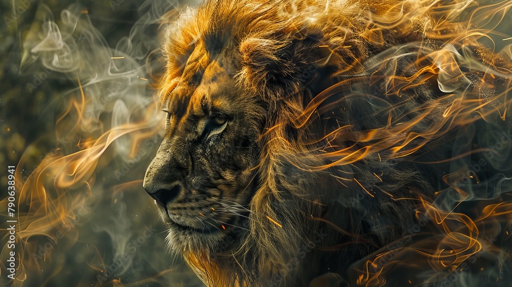 A close-up of a tiger lion, with a mane that swirls like smoke, standing out in a dense jungle, symbolizing leadership and the power of standing out