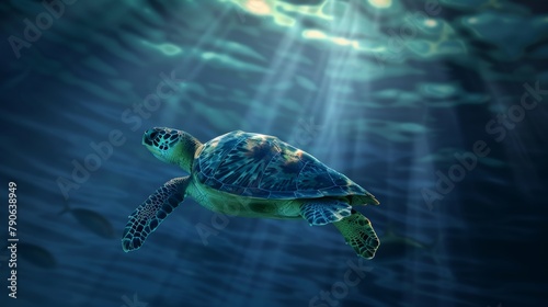 A charming turtle swims against a backdrop of deep blue water, sunlight streaming through the surface, highlighting its role as a unique leader amidst conformity