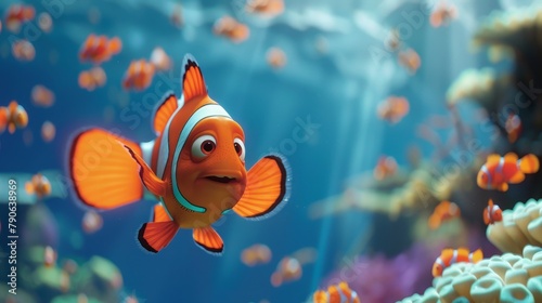 A charismatic Nemo fish swimming confidently at the forefront of a group, clear blue ocean around, sunlit waters enhancing its standout colors, symbolizing leadership