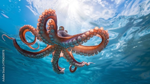 An octopus swims in blue sunlit waters, a beacon of uniqueness among the ordinary, showcasing leadership in the underwater realm photo