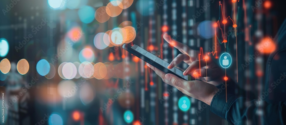 Close up Businessman using smart phone analyzing data economic growth graph chart. Business strategy background. Close up Businessman using smart phone analyzing data economic growth graph chart. Business strategy background.