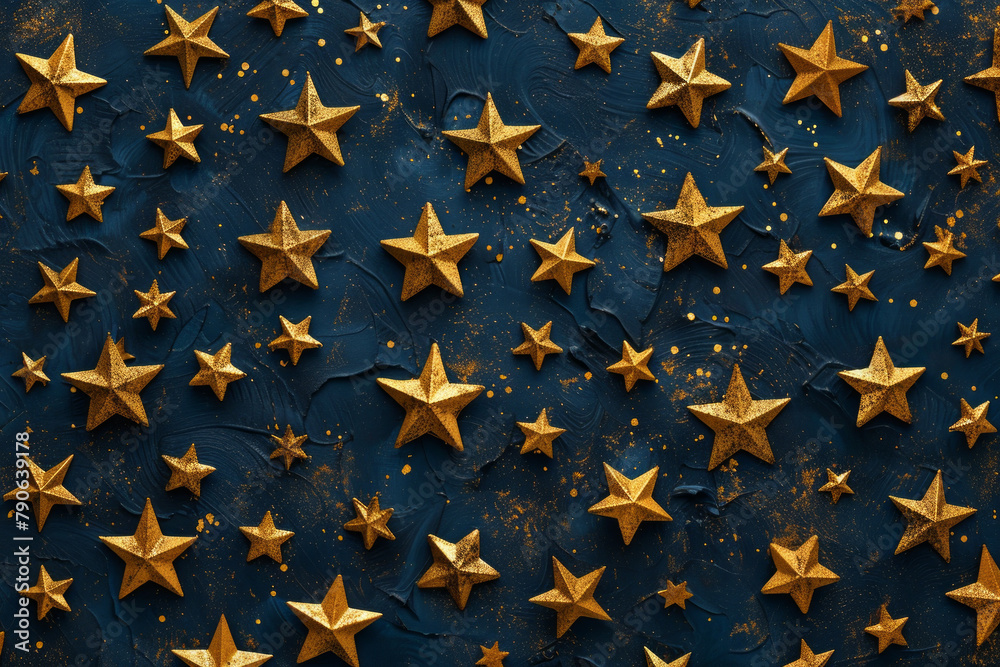 Golden metallic stars on dark blue background in elegant design