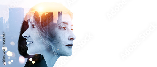 Fototapeta Naklejka Na Ścianę i Meble -  A profile image of a woman with a cityscape superimposed, illust