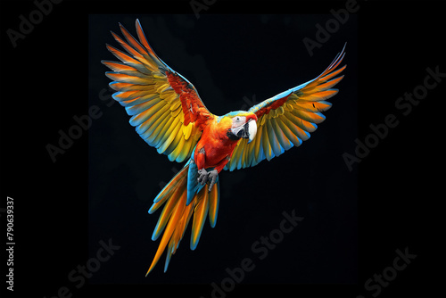 Macaw parrot flying on isolated black background 