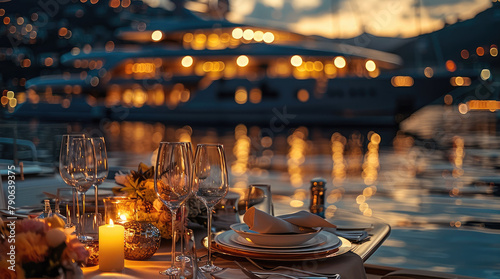 A romantic dinner night on a mega yacht parked in port. Generative AI.