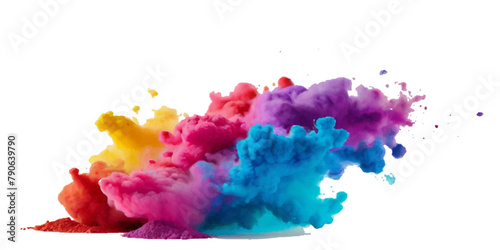 Vector colorful vibrant rainbow, smoke and cloud holi paint color powder explosion with bright colors isolated  on transparent background. Multicolored explosion of rainbow powder paint holi festival 