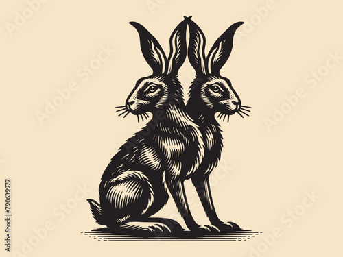 Two headed hare. Vintage retro engraving illustration. Black icon, isolated element	