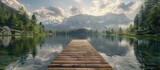 The calm lake and wooden pier are surrounded by snowy mountains and pine forests. beauty of nature background.