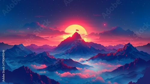 A mountain range at sunset with a red flag on the highest peak.