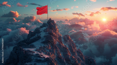 A red flag planted on the summit of a snow-capped mountain.