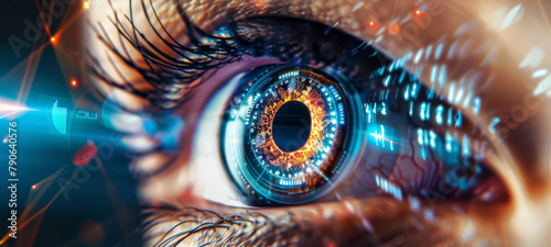 Futuristic vision of cybersecurity: human eye integrated with holographic technology for digital identity and surveillance #790640576