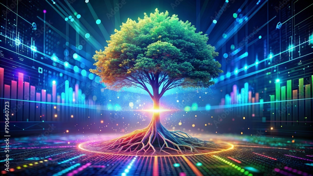 The image shows a glowing tree with roots in the form of a circuit board. The tree is surrounded by colorful lights and represents the concept of technology and nature.