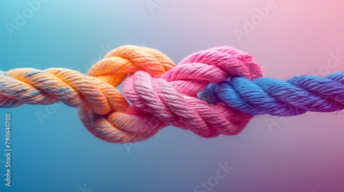 Pink, blue and yellow ropes tied together on a blue background.