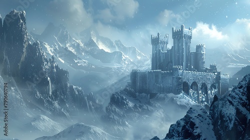 Fantasy background with mysterious medieval castle in snowy mountains