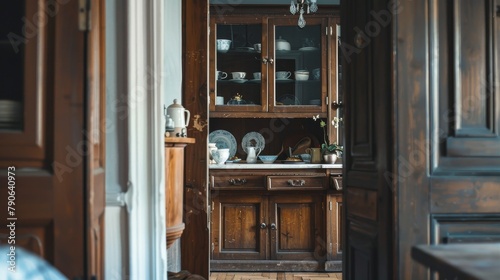 Vintage cabinet doors open to reveal an organized, inviting interior in a classic home