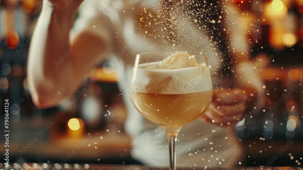 direct view of glass with bright delicious frothy cocktail that woman bartender holds with her hand and sprinkles on it. A lot of drops around  - obrazy, fototapety, plakaty 