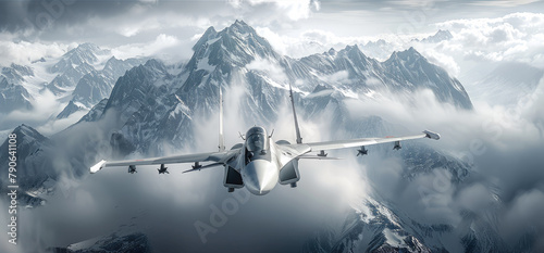 An fighter jet accelerating up with a mountain scene in the background. Generative AI. photo