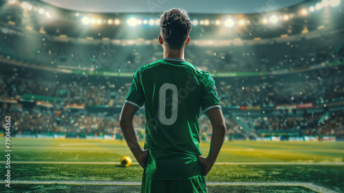 Soccer player dressing green and white uniform on the field, night, crowded stadium. Generative AI.