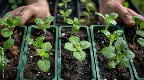 Various seedlings lined up ready for planting  focusing on small plants in trays or seedling pots  with rich soil around  experienced gardener hands carefully. top view. Generative AI.