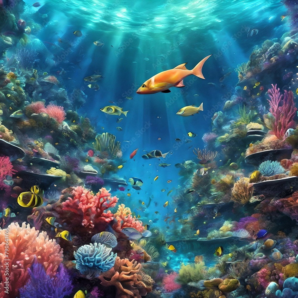 Fototapeta premium Enchanting Underwater Symphony: A Mesmerizing World of Vibrant Coral Reefs and Exotic Marine Life