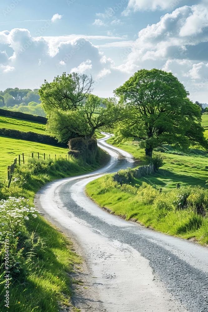 Serene Countryside Road Winding Through Lush Green Fields on a Sunny Day Serene Countryside Road Winding Through Lush Green Fields on a Sunny Day