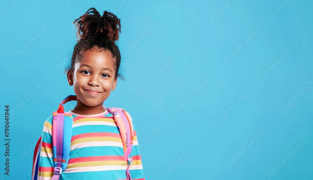 Smiling Young Girl With Backpack Ready for School on a Bright Blue Background Smiling Young Girl With Backpack Ready for School on a Bright Blue Background