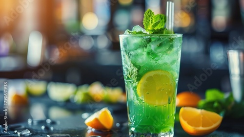 Green cocktail with mint and lemon on the bar. Cocktail served