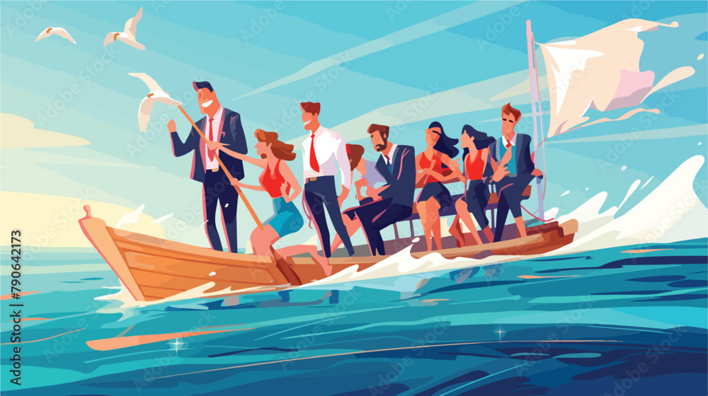 Business team in boat vector illustrations set. Tea